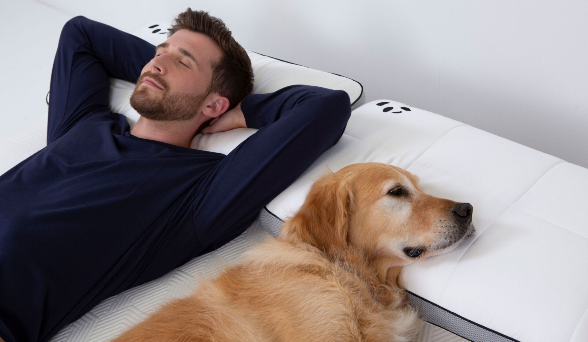 guy with a dog on a Hybrid Mattress and Hybrid Pillow